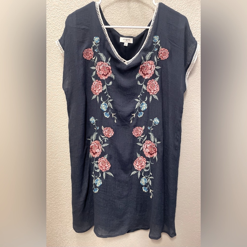 Umgee Navy Floral Embroidered Gauze Dress